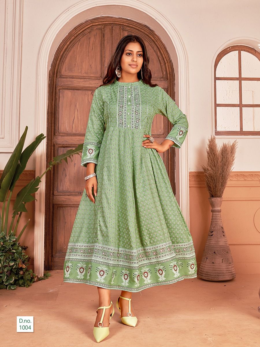 Banwery Nayanthara 1 Rayon Printed Ethnic Wear Embroidery Long Kurti Collection